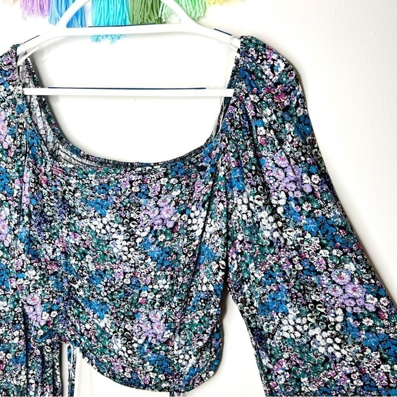 Wild Fable Square Neck Cottagecore Ditsy Blue Purple Drawstring Cropped Blouse - Picture 4 of 15